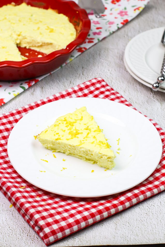 lemon cheesecake on a red checked background