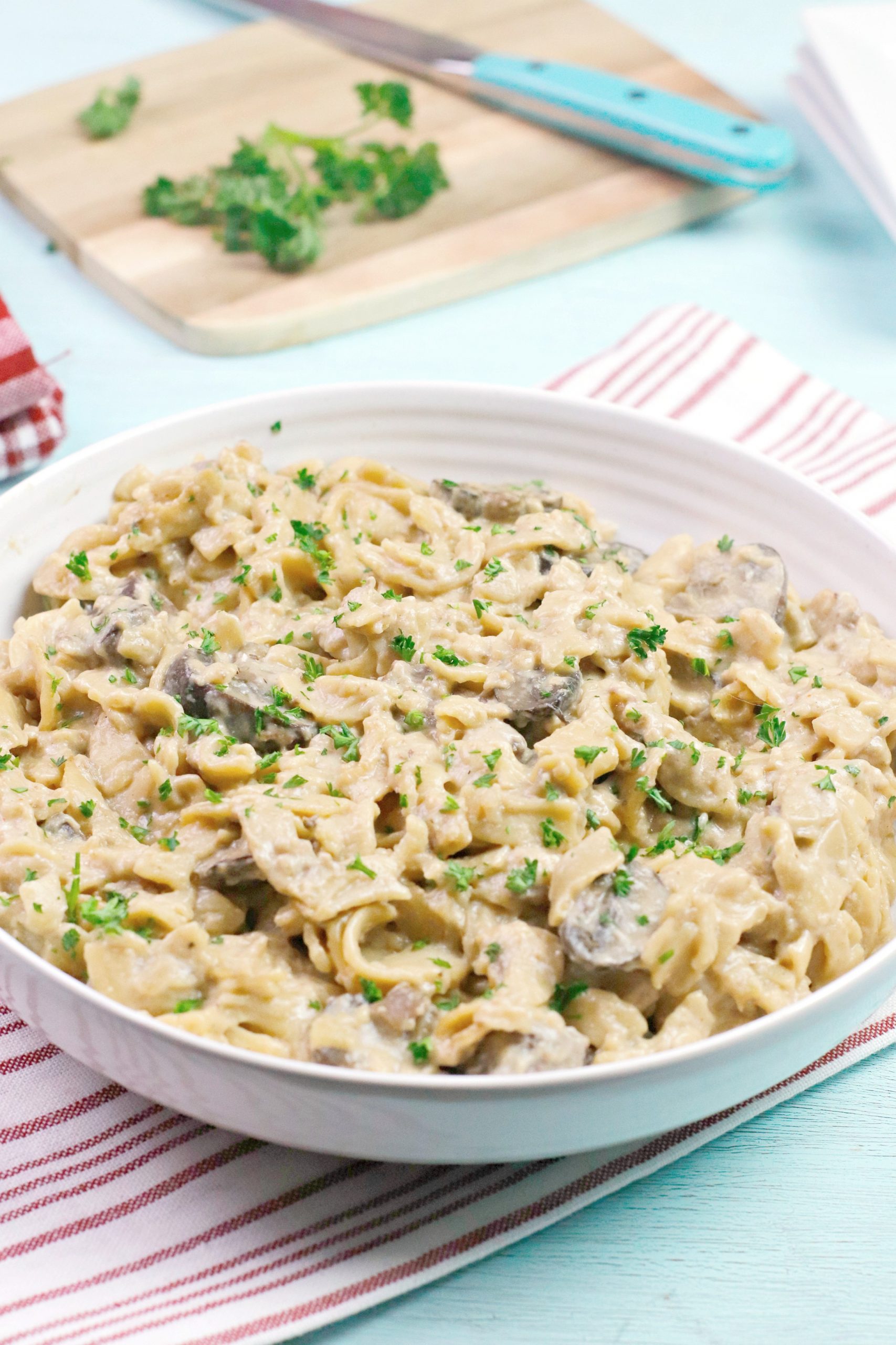 Instant pot beef stroganoff in a white bowl