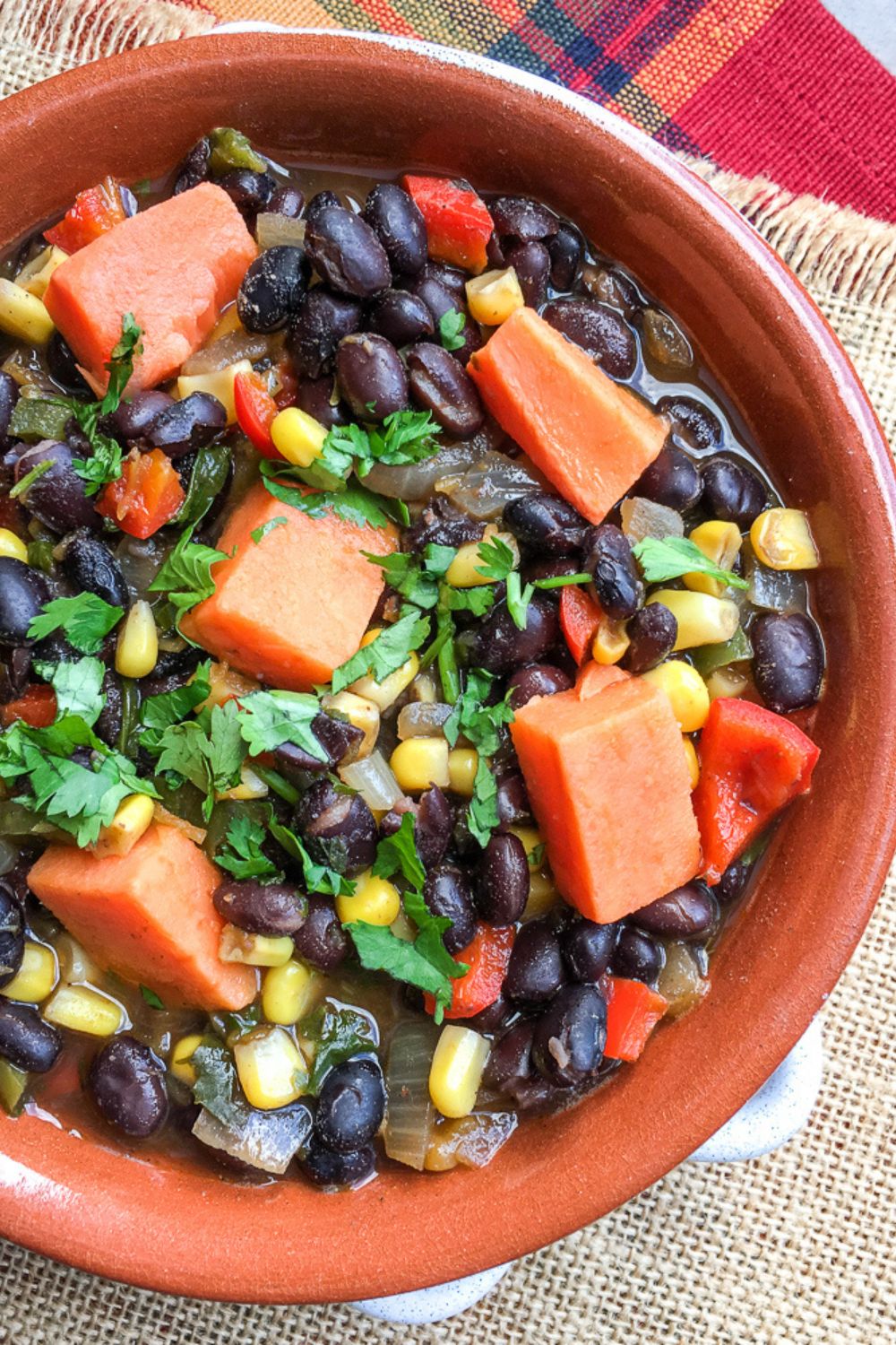 black bean and sweet potato soup in a bowl