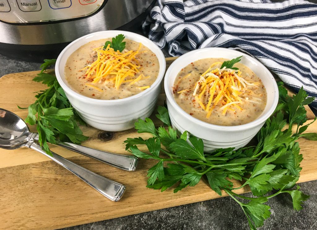 Instant Pot Cheeseburger Soup in a white bowl