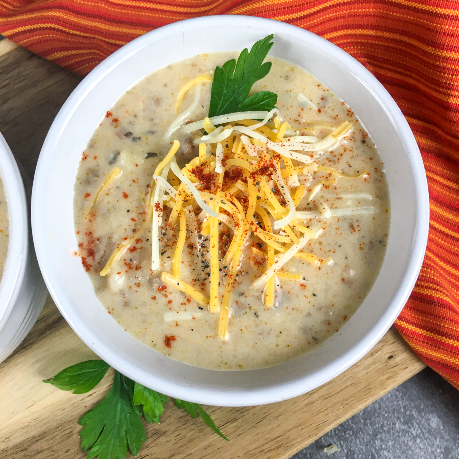 Instant Pot Cheeseburger Soup in a white bowl