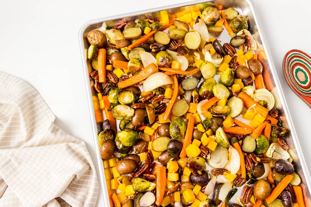 roasted vegetables on a sheet pan