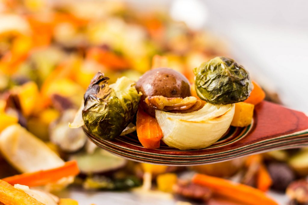 roasted vegetables on a spoon