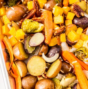 roasted vegetables on a sheet tray