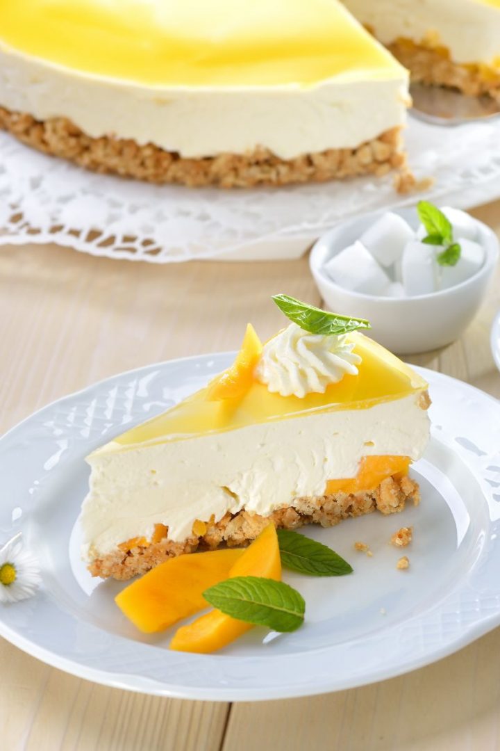 Cheesecake on a white plate with peaches