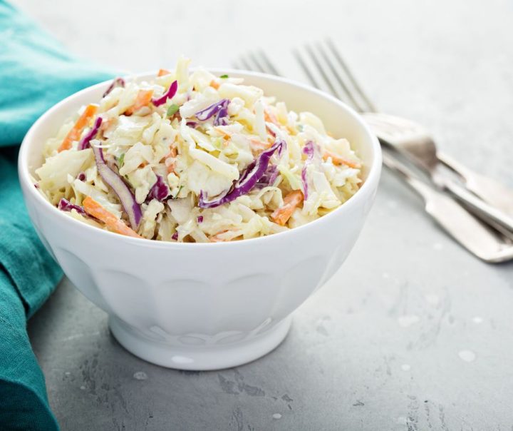 coleslaw recipe in a white bowl