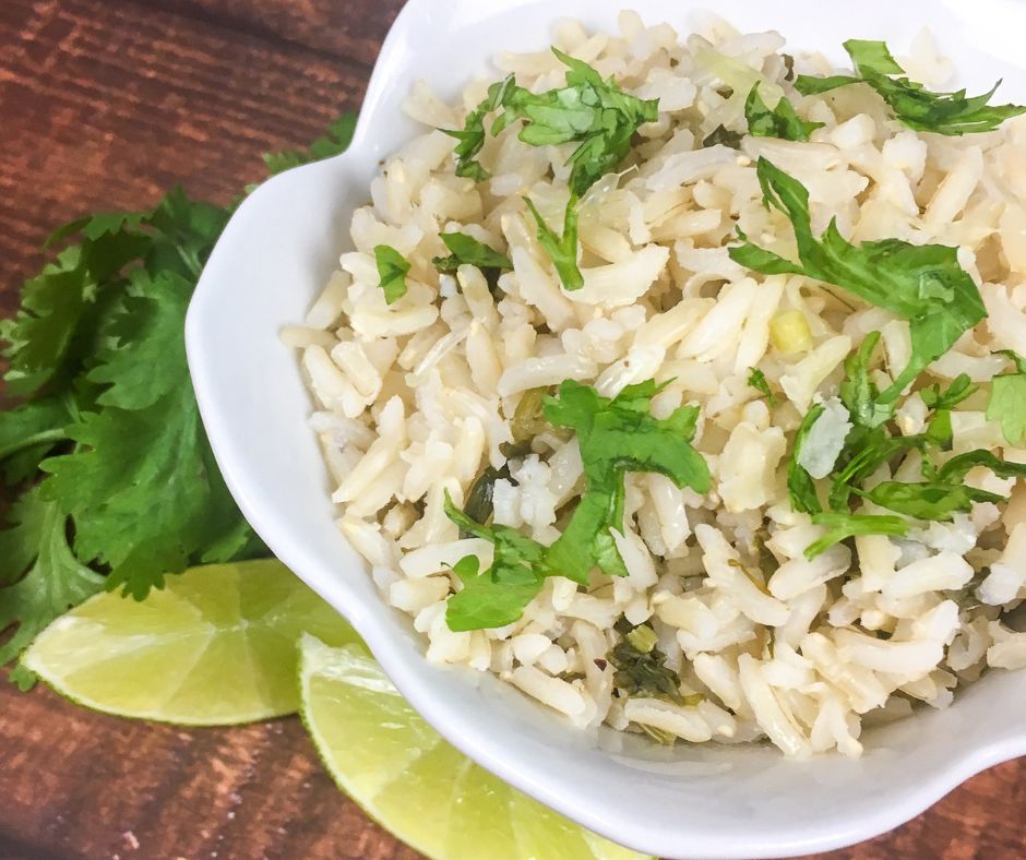 cilantro lime rice in a white bowl