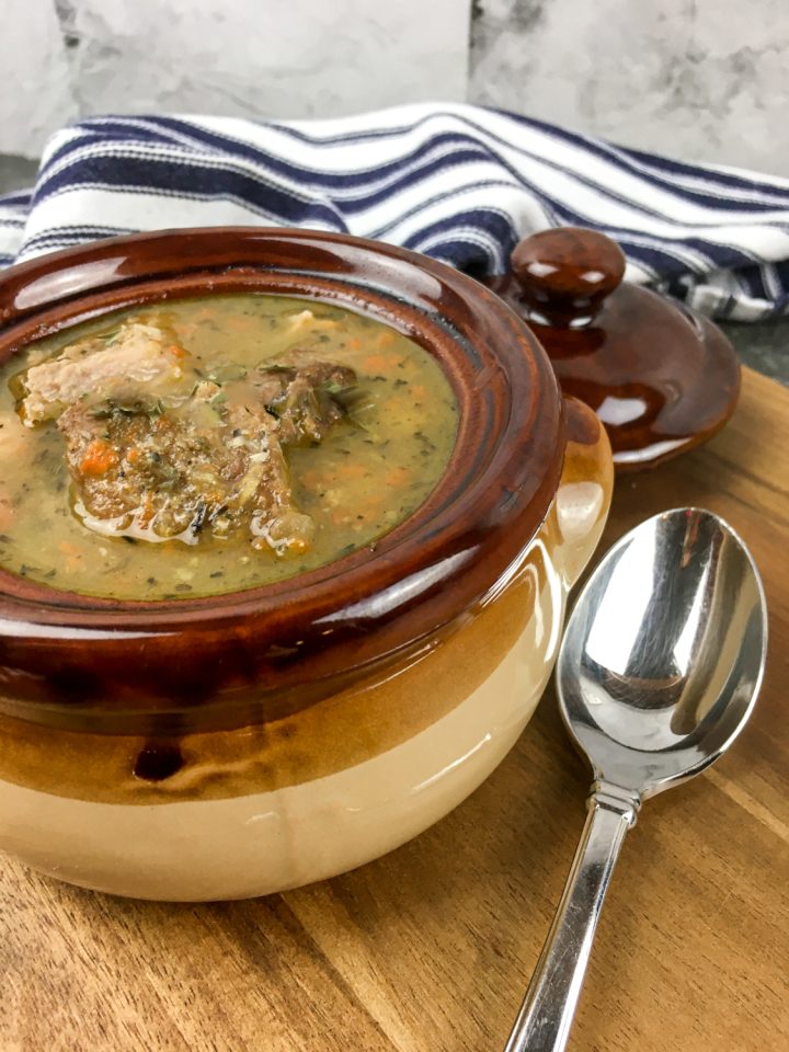 15 bean soup in a brown crock