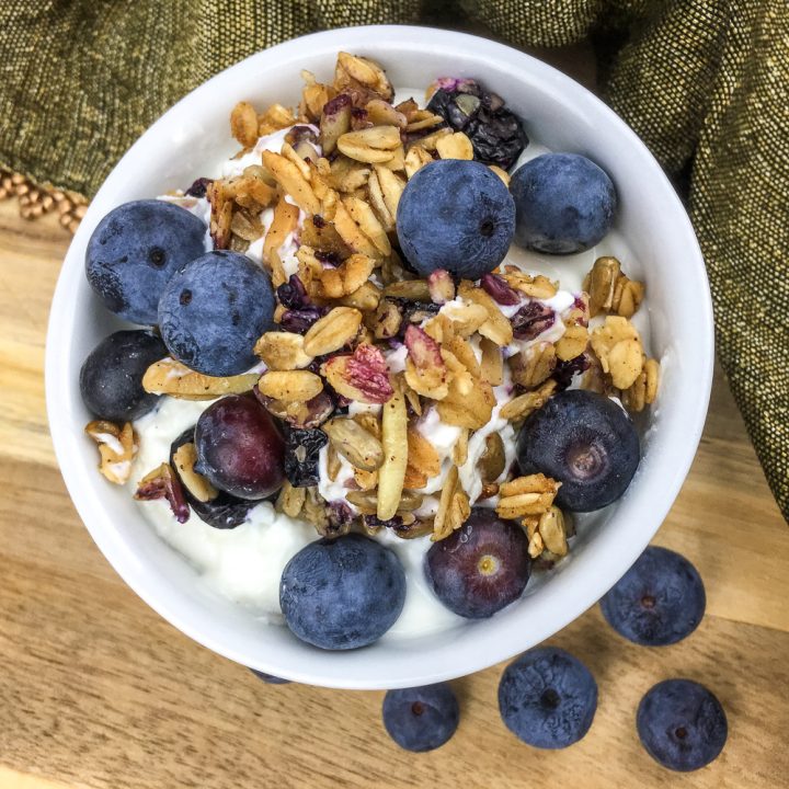 blueberry granola in a while bowl