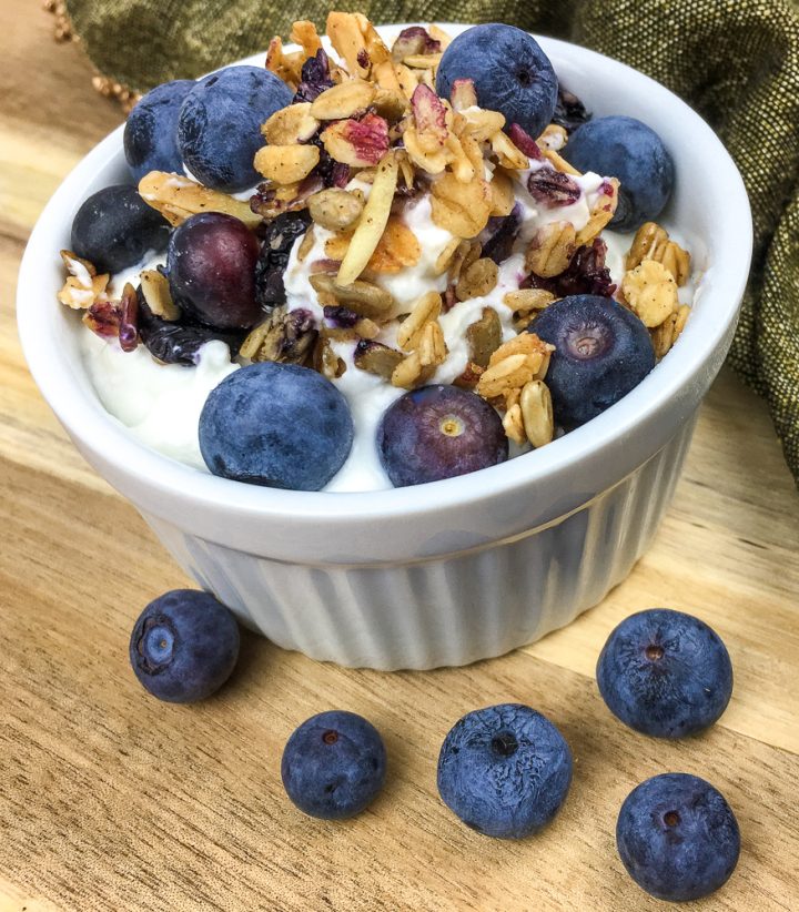 blueberry granola in a white bowl with blueberries