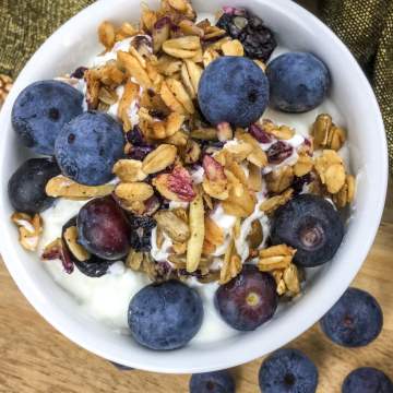 blueberry granola in a white bowl