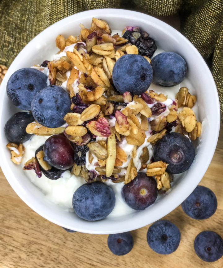 blueberry granola in a white bowl