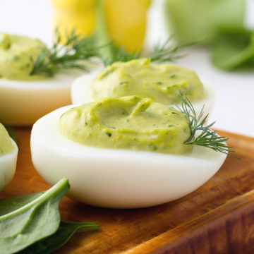 avocado deviled eggs on a brown board