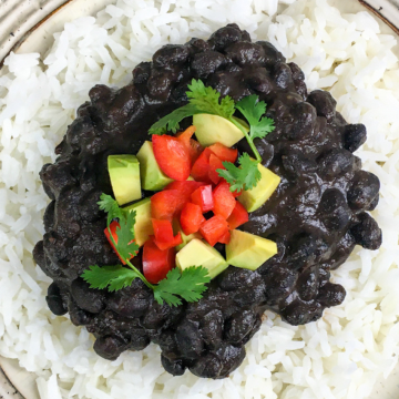 homemade black beans on a place with rice