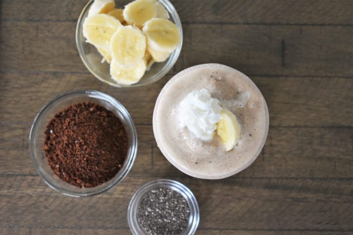 The Good Morning Coffee Banana Smoothie on a wooden table.