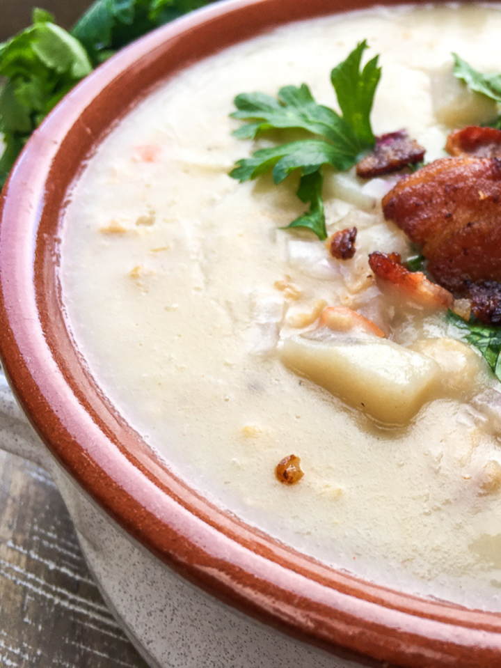 new england clam chowder in a brownish bowl