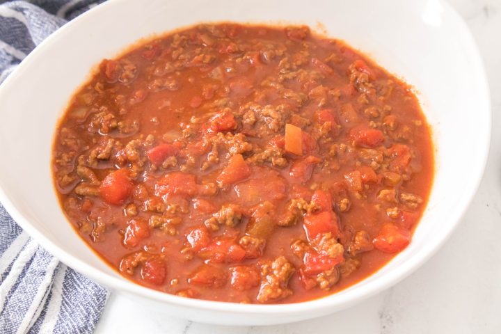 instant pot chili in a white bowl