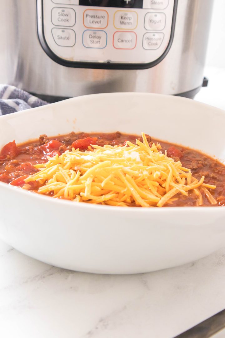 instant pot chili in a white bowl