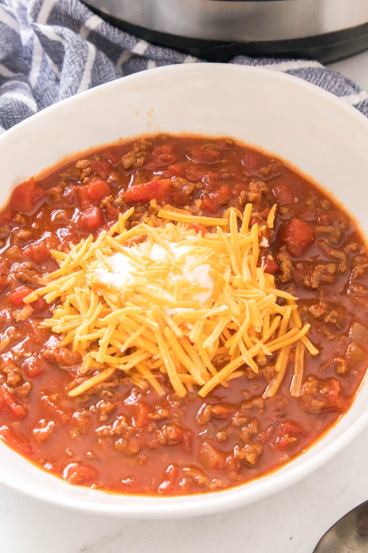 instant pot chili in a white bowl