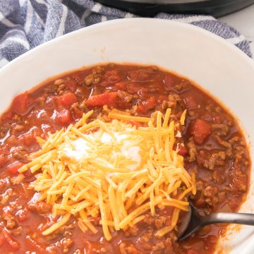 instant pot chili in a white bowl