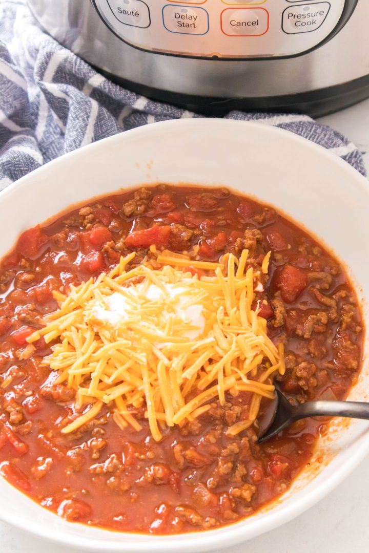 instant pot chili in a white bowl