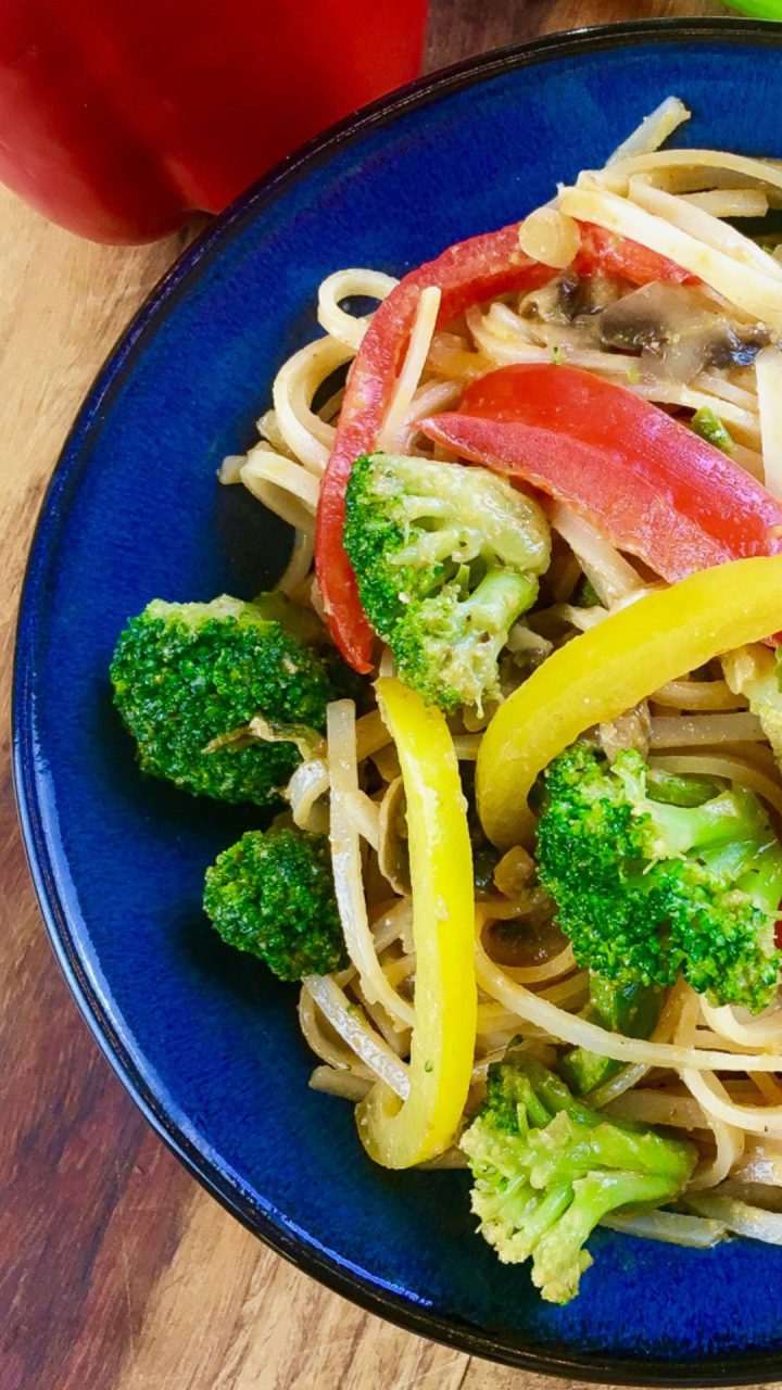 spicy noodles with a blue bowl