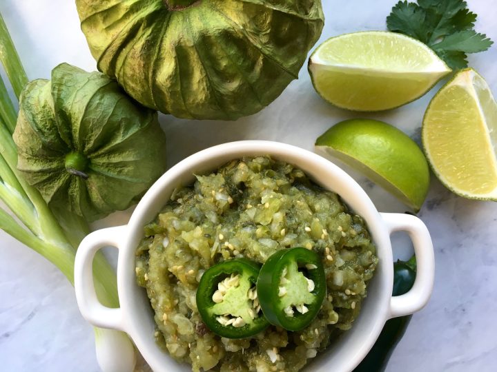 fresh garden salsa verde in a white bowl