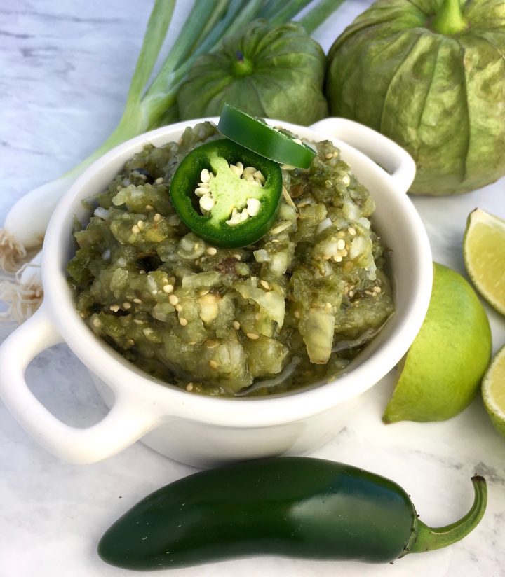 fresh garden salsa verde in a white bowl