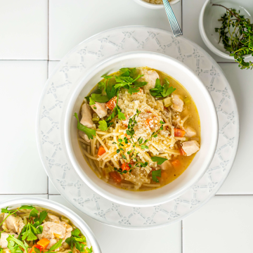 San Marino Chicken Fideo Soup in a white bowl