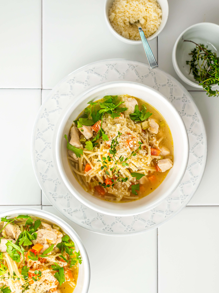 San Marino Chicken Fideo Soup in a white bowl