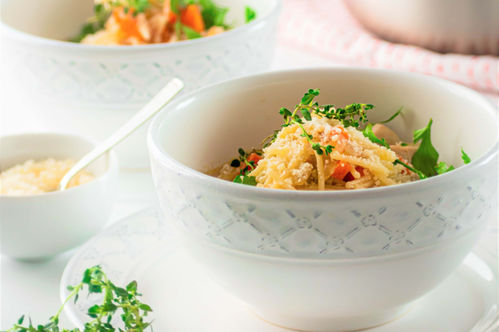 San Marino Chicken Fideo Soup in a white bowl