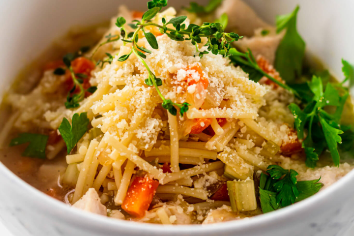 San Marino Chicken Fideo Soup in a white bowl