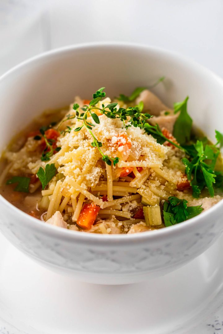San Marino Chicken Fideo Soup in a white bowl