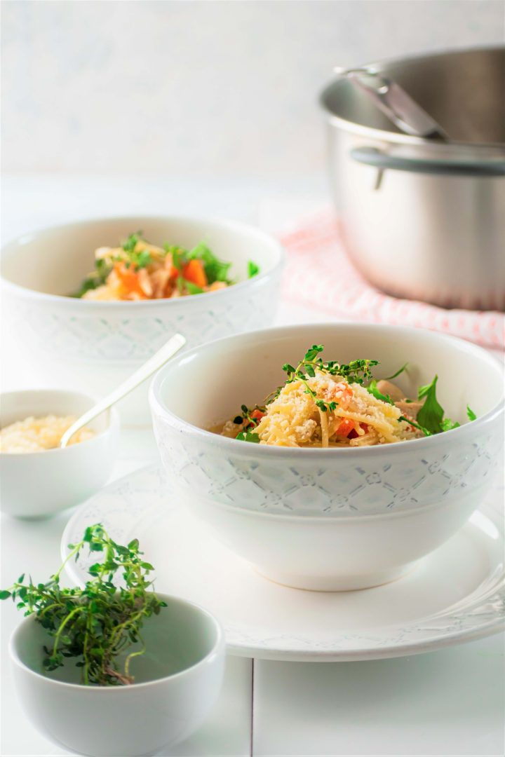 San Marino Chicken Fideo Soup in a white bowl