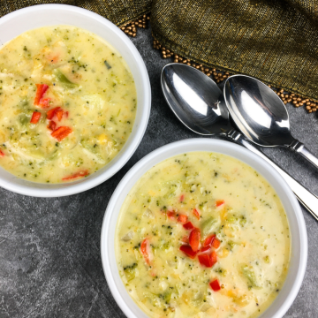 Instant Pot Broccoli Cheese Soup in a white bowl