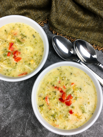 Instant Pot Broccoli Cheese Soup in a white bowl