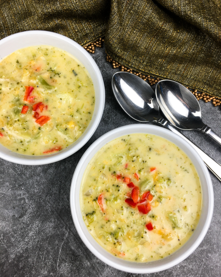 Instant Pot Broccoli Cheese Soup in a white bowl