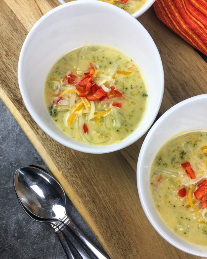 Instant Pot Broccoli Cheese Soup in a white bowl