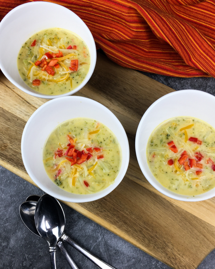 Instant Pot Broccoli Cheese Soup in a white bowl