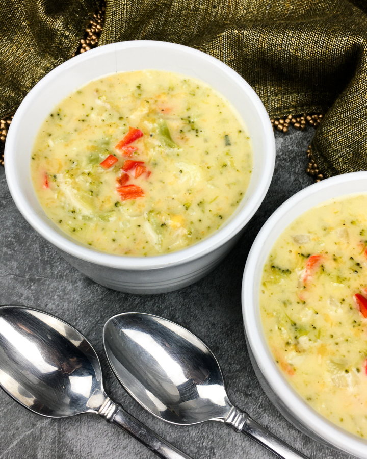 Instant Pot Broccoli Cheese Soup in a white bowl