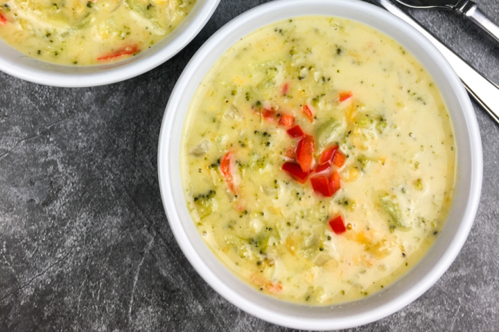Instant Pot Broccoli Cheese Soup in a white bowl